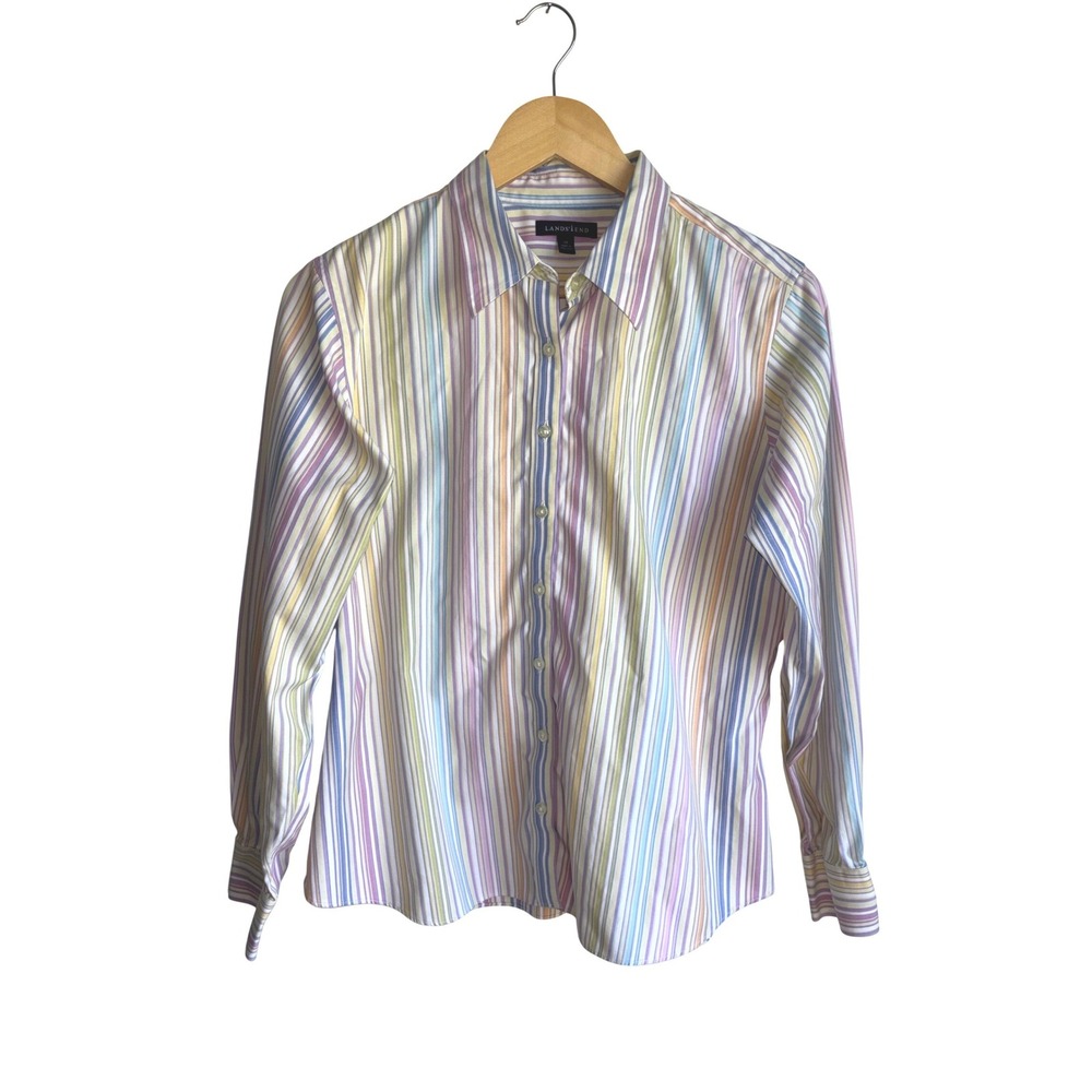 Lands End Womens 14P Multicolor Striped Cotton Button Down Shirt Long Sleeve